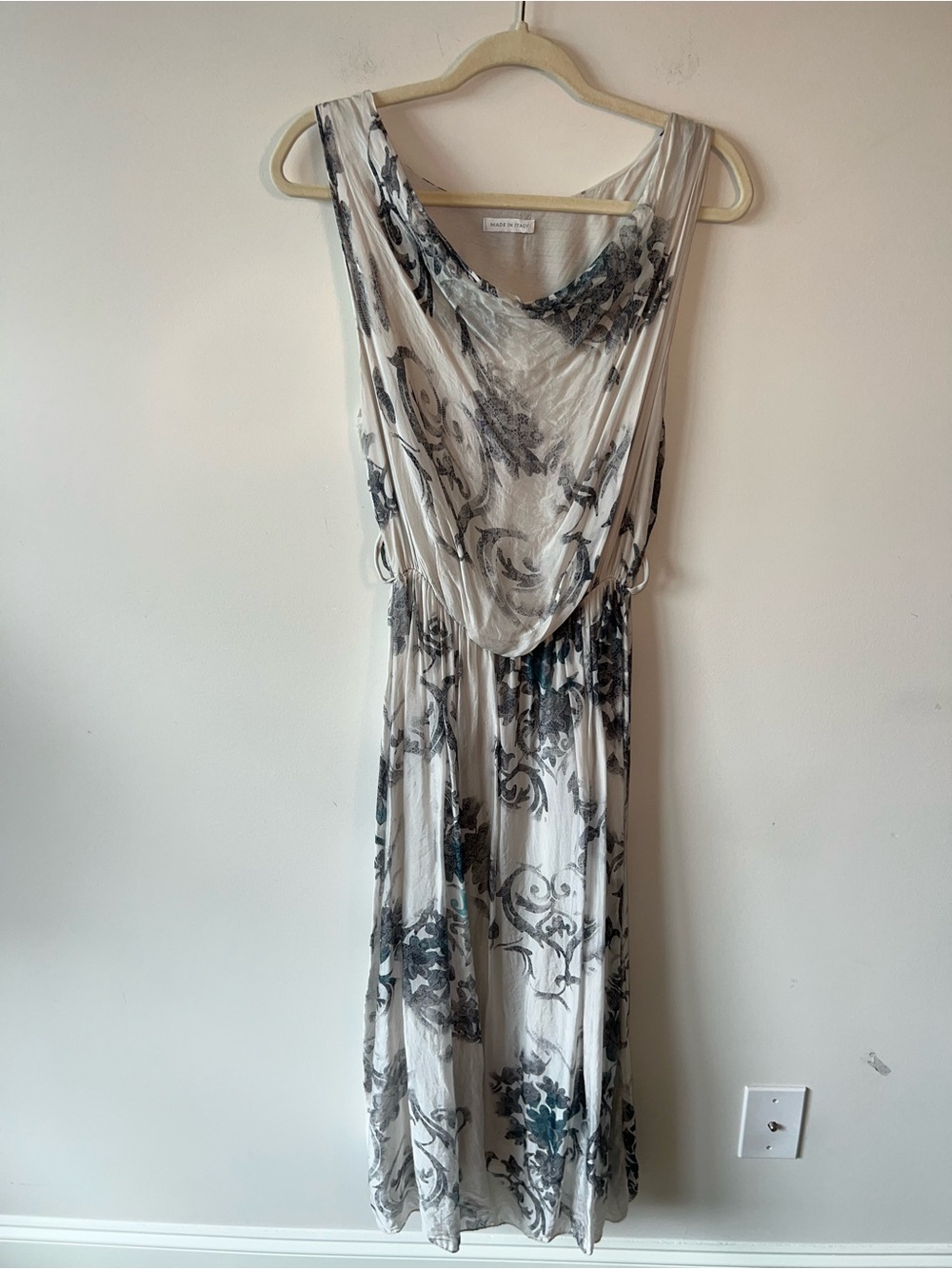 Sleeveless Draped Midi Dress White and Gray with Teal Hints Made in Italy Silk